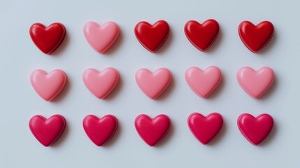 Fototapeta premium Red and pink heart-shaped objects arranged in a neat grid pattern on a light background creating a romantic minimal concept