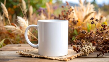 A white ceramic mug sits on a rustic burlap piece with blurred autumn foliage in the background. Natural light