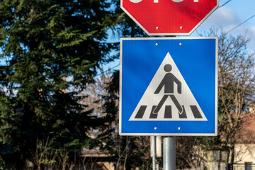 Traffic signs at a pedestrian crossing in a neighborhood street during daylight hours