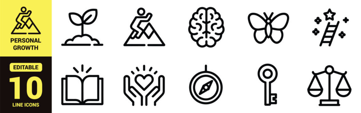 Personal Growth and Motivation Line Icons Set for Learning, Goals, Creativity, Problem Solving and Self Development Concepts - Powered by Adobe