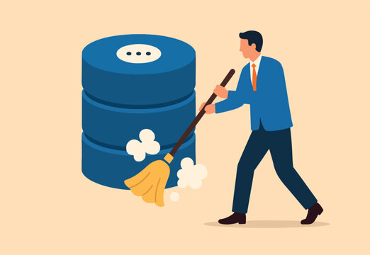 Data cleansing process to arrange, examining or prepare data to be analyzed, preprocessing normalization or validate missing data concept, businessman cleaning database metaphor of cleansing process.