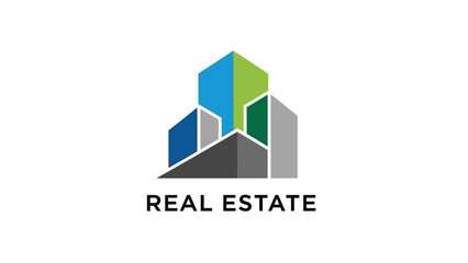Modern real estate logo design with geometric shapes and vibrant colors for branding and marketing.