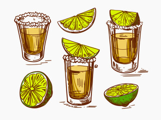 Tequila shot and lime, hand drawn vector illustrations
