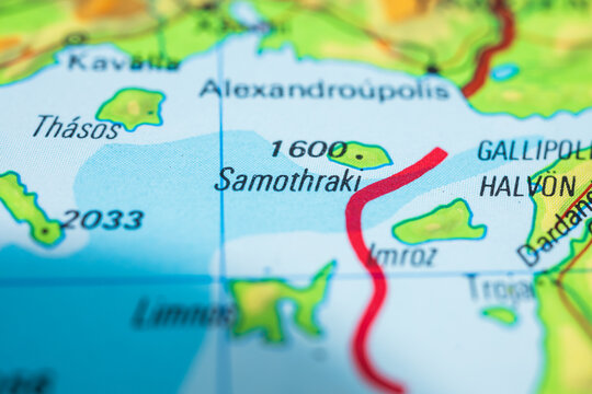Illustrated map detail showing Samothraki island and nearby northern Aegean waters.
