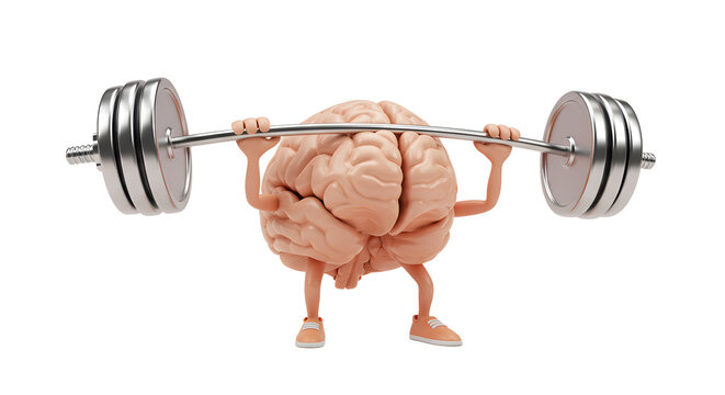 Cute 3d cartoon brain character lifting a heavy barbell, representing mental strength and brain training isolated on transparent background.

