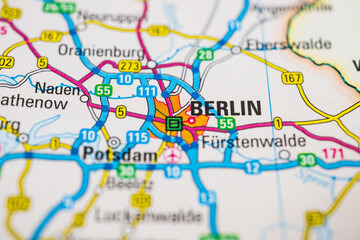 colorful city map of berlin showing major highways and regional connections.