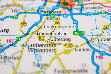 Printed road map highlighting Luckenwalde Treuenbrietzen and Juterbog area.