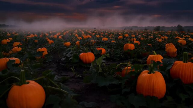 Pumpkin patch visit at sunset with orange pumpkins growing in the field