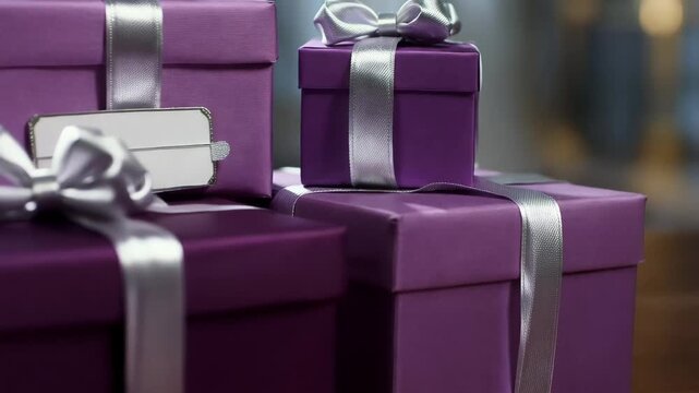 Purple gift boxes are placed on a wooden table with bright light shining from the background