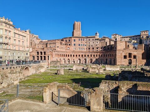 Rome, Italy - December 28, 2025, View of Trajan's Market, an imposing multipurpose complex of ancient Rome, designed by Apollodorus of Damascus in the 2nd century AD.