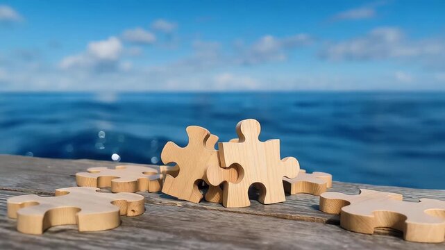 Puzzle pieces on wooden table near ocean under blue sky during a clear day