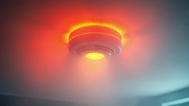 Element of a fire safety system. An alarm is triggered by smoke in a room. Urgent danger alert. Light alert.