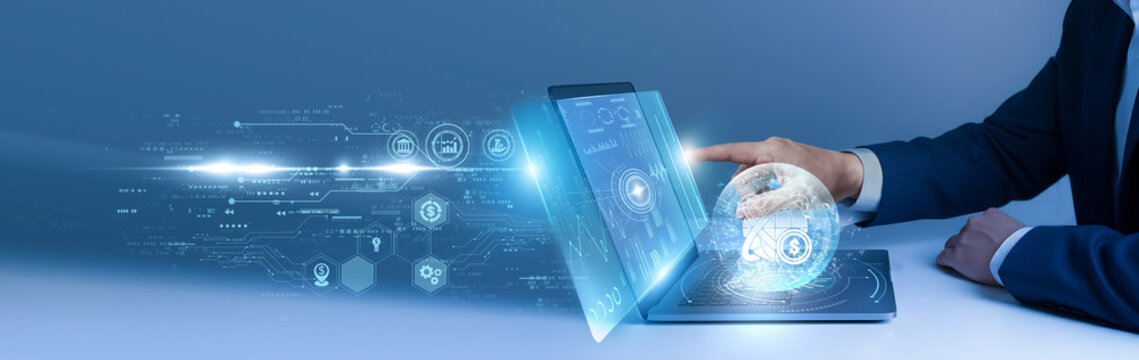 Businessman using laptop and analyze the global business trends on digital interface. international trade, multinational strategy, worldwide market, corporate expansion, economic network - Powered by Adobe