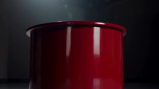 Bright red round object sits in dark room with single light source creating sharp shadows and highlighting its surface details