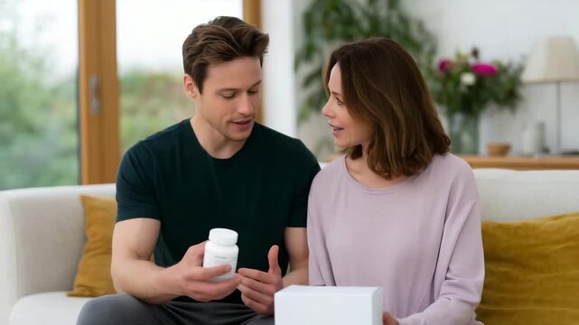 A couple sits together on a soft white sofa in a bright, cozy living room, opening a pharmacy delivery box placed on the wooden coffee table in front of them. The man, dressed