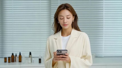 4K video A young Asian woman records a live beauty vlog in a bright, softly lit room, standing behind a clean white table scattered with various skincare bottles and cosmetic