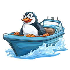 Whimsical Penguin on Speedboat Cartoon Illustration