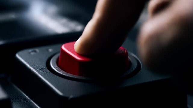 Red button with an arrow symbol displayed on a black device during a technology demonstration