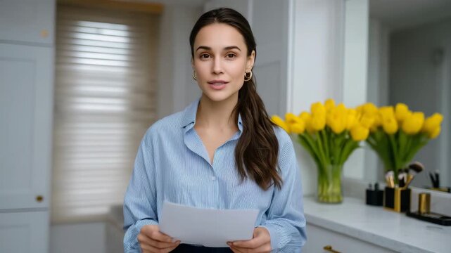 A young woman stands in front of a mirror in a bright, neatly organized room, holding a stack of papers as she rehearses her presentation with calm determination. She wears a light