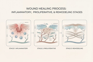 Diagram of wound healing stages illustrating inflammatory, proliferative, and remodeling phases with labeled skin layers
