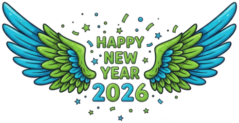 Happy new year 2026 cartoon text with colorful wings and confetti