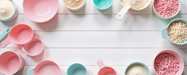 Colorful collection of baking ingredients and tools arranged on a wooden table for creative cooking