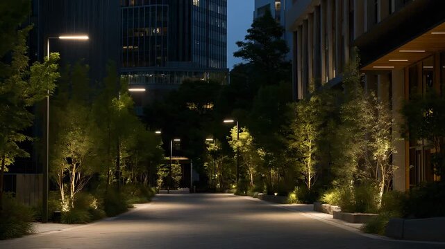 An adaptive city street with smart lighting that brightens as pedestrians approach and dims when empty, creating a responsive urban ecosystem &mdash; smart city infrastructure, public safety design, and