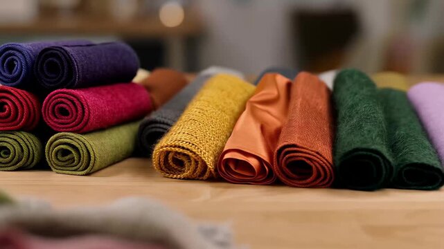 Fabric rolls in various colors arranged on a table for crafting and sewing projects