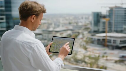 A planner standing on a rooftop terrace overlooking mixed-use districts, holding a tablet that overlays AR heat maps of walkability, transit access, and population density — augmented reality city - Powered by Adobe
