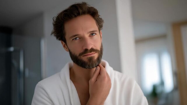 A man standing in a bright minimalist bathroom applying beard oil with slow, deliberate strokes, warm morning light highlighting the shine and texture &mdash; modern men&rsquo;s grooming, beard-care ritual,