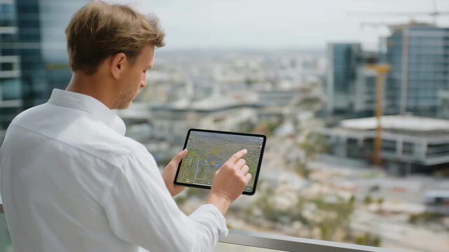 A planner standing on a rooftop terrace overlooking mixed-use districts, holding a tablet that overlays AR heat maps of walkability, transit access, and population density &mdash; augmented reality city