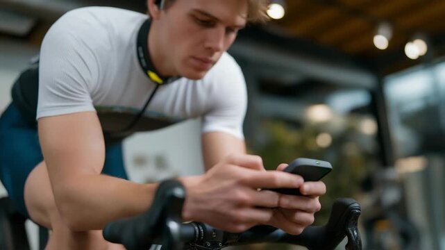 A cyclist testing torque output on smart trainer equipment, power curves and cadence readings displayed on a fitness app while pedaling intensely &mdash; sports biomechanics, cycling performance metrics,