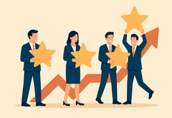 Employee survey, customer feedback rating or performance review, five stars service, best experience or feedback and engagement concept, business people employees holding 5 stars rating feedback