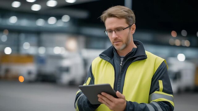 A ground crew supervisor standing on the tarmac with a tablet, tracking turnaround time and coordinating tasks as aircraft service vehicles move around &mdash; airport operations management, digital