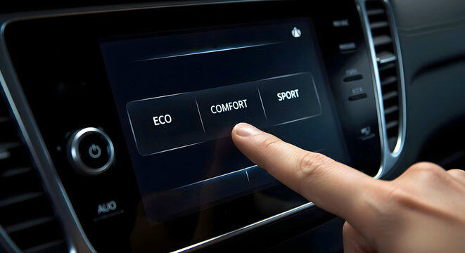 Modern car touchscreen interface showing driver finger selecting driving mode on digital vehicle dashboard display control system technology concept, sprt, comfort, eco - Powered by Adobe