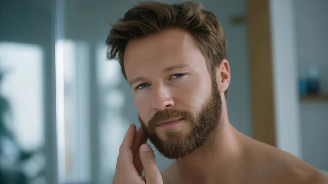 A man standing in a bright minimalist bathroom applying beard oil with slow, deliberate strokes, warm morning light highlighting the shine and texture &mdash; modern men&rsquo;s grooming, beard-care ritual,