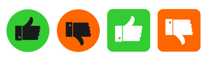Approval and Disapproval Icons Set: Thumbs Up and Down, Like and Dislike Button Symbols on Green and Orange, Positive and Negative Feedback Gestures Collection