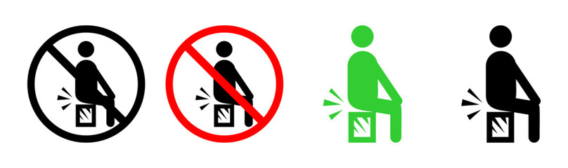 Do Not Sit on Box: Handling and Safety Symbols

Prohibited Sitting Position: Fragile Content Warning Icons | Sitting Restriction Pictograms for Packages and Crates