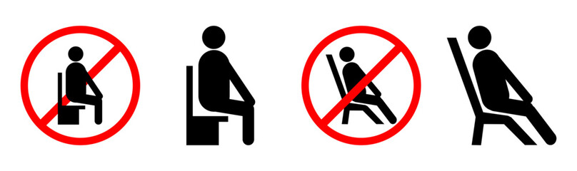 Sitting Position Guide: Correct vs. Prohibited Postures, Seating Instruction Icons and Safety Pictograms, No Sitting Straight and Reclining Chair Warning Symbols