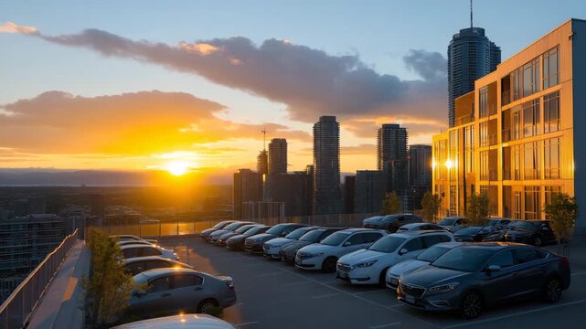 A rooftop parking lot at sunset with rows of neatly parked cars, city skyline in the background and soft golden light reflecting off windshields &mdash; urban lifestyle, metropolitan mobility, and