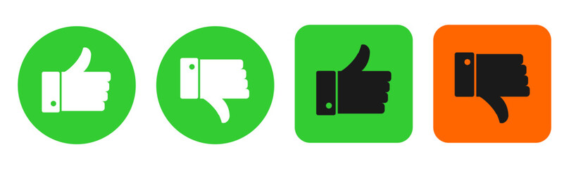 Approval and Disapproval Icons Set: Thumbs Up and Down, Like and Dislike Button Symbols on Green and Orange, Positive and Negative Feedback Gestures Collection