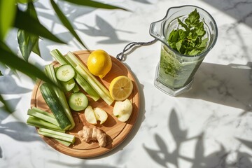 Fresh green juice ingredients arranged on a sunlit kitchen counter.