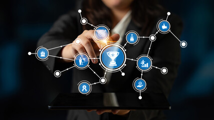 A professional person selecting digital icons on a tablet, symbolizing achievement and connection in a tech-driven business environment. Tessel