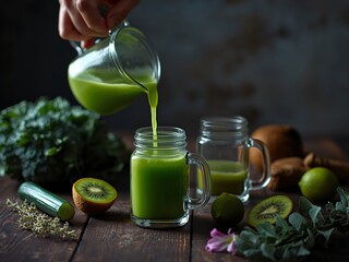 Green juice is being poured into two glass mugs surrounded by fresh fruits and vegetables.