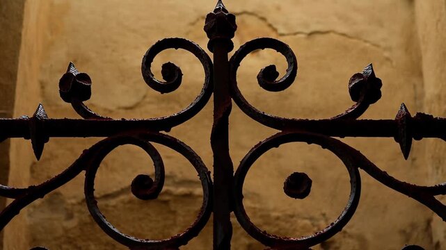 Wrought iron gate design in an old stone wall with an ancient texture and charm captured in natural light