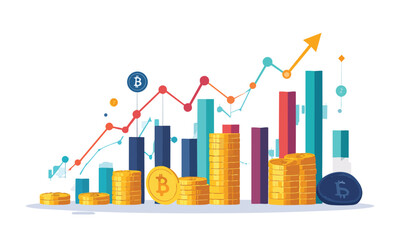 Cryptocurrency growth infographic with coins and chart arrows, finance vector illustration