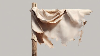 Tattered beige cloth draped over wooden post