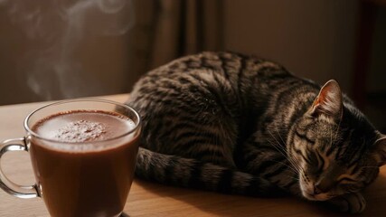 Sleeping cat and hot chocolate, cozy mood, domestic scene