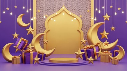 Ramadan kareem greeting card template with golden crescent moons, stars, and gift boxes on a purple background for eid alfitr celebration