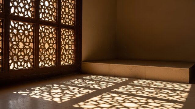 Sunlight filtering through an intricately carved wooden jali screen, casting patterned shadows on the floor inside a historical building